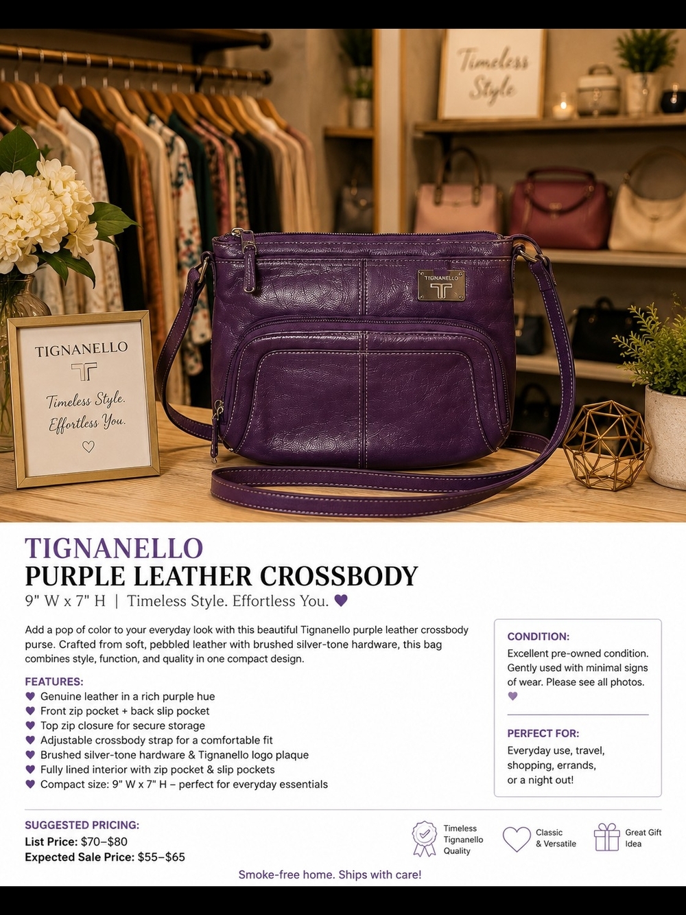 Tignanello Purple Genuine Leather Crossbody Purse | 9" x 7"